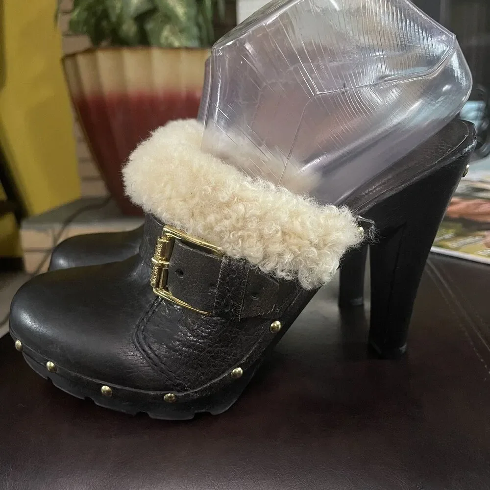 Michael Kors Women’s Black Leather Clogs Mule Slip On Platform Heels Size 9